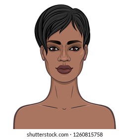 Animation portrait of the young beautiful African woman. Color drawing. Template for use. Vector illustration isolated on a white background.