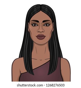 Animation portrait of the young beautiful African woman with long black hair. Color drawing. Template for use. Vector illustration isolated on a white background.