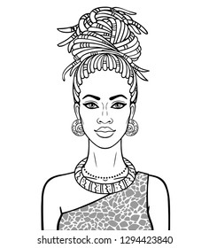 Animation portrait of the young beautiful African woman  in a dreadlocks. Clothes animal print. Monochrome drawing. Vector illustration isolated on a white background. Be used for coloring book.