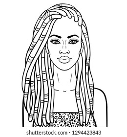 Animation portrait the young beautiful African woman  in dreadlocks  Clothes animal print  Monochrome drawing  Vector illustration isolated white background  Be used for coloring book 