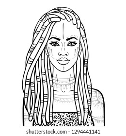 Animation portrait of the young beautiful African woman  in a dreadlocks. Clothes animal print. Monochrome drawing. Vector illustration isolated on a white background. Be used for coloring book.