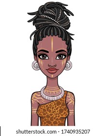 Animation portrait of the young beautiful African woman  in a dreadlocks and body art. Color drawing. Vector illustration isolated on a white background. Print, poster, t-shirt, card.