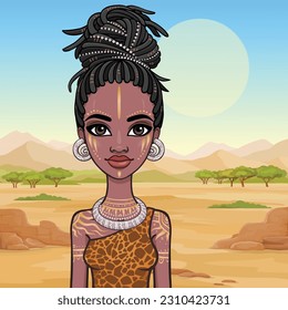 Animation portrait of the young beautiful African woman  in a dreadlocks and body art. Background - landscape desert, mountains, trees. Vector illustration.