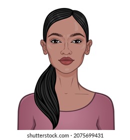 Animation portrait of the young beautiful black  woman. Color drawing. Vector illustration isolated on a white background. Print, poster, t-shirt, card.