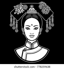Animation portrait of the young beautiful Chinese girl with an ancient hairstyle. White vector illustration isolated on a black background. Print, poster, t-shirt, card.