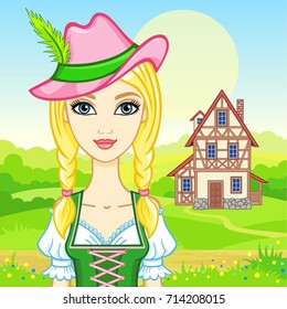 Animation portrait young beautiful girl in an ancient Bavarian dress. Background - a summer landscape, the old house. Fairy tale character, card, poster, print, vector illustration.