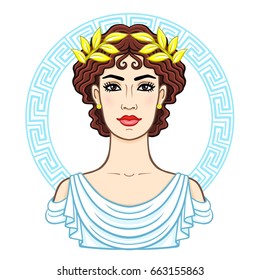 Animation portrait of the young beautiful Greek woman in ancient clothes in a laurel wreath. Decorative circle. The vector illustration isolated on a white background.