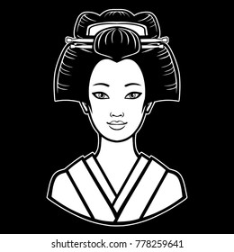 Animation portrait of the young beautiful Japanese girl with the geisha's hairstyle. White vector illustration isolated on a black background. Print, poster, t-shirt, card.