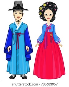 Animation portrait of young beautiful Korean family in ancient traditional clothes. Full growth. Vector illustration isolated on a white background.