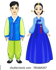 Animation portrait of young beautiful Korean family in ancient traditional clothes. Full growth. Vector illustration isolated on a white background.