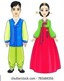 Animation portrait of young beautiful Korean family in ancient traditional clothes. Full growth. Vector illustration isolated on a white background.