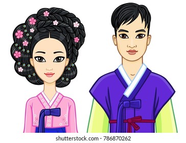 Animation portrait of young beautiful Korean family in ancient traditional clothes. Vector illustration isolated on a white background.