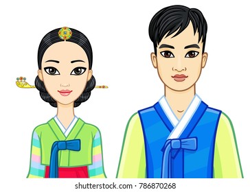 Animation portrait of young beautiful Korean family in ancient traditional clothes. Vector illustration isolated on a white background.