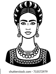 Animation portrait of the young beautiful mexican woman with a traditional hairstyle. Vector illustration isolated on a white background. Print, poster, emblem, card, t-shirt.