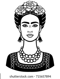 Animation portrait of the young beautiful mexican woman with a traditional hairstyle. Vector illustration isolated on a white background. Print, poster, emblem, card, t-shirt.