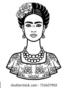 Animation portrait of the young beautiful mexican woman with a traditional hairstyle. Vector illustration isolated on a white background. Print, poster, emblem, card, t-shirt., coloring book.