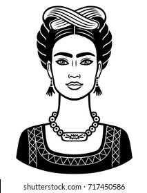 Animation portrait of the young beautiful mexican woman with a traditional hairstyle. Vector illustration isolated on a white background. Print, poster, emblem, card, t-shirt.