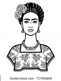 Animation portrait of the young beautiful mexican woman with a traditional hairstyle. Vector illustration isolated on a white background. Print, poster, emblem, card, t-shirt.