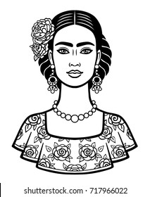 Animation portrait of the young beautiful mexican woman with a traditional hairstyle. Vector illustration isolated on a white background. Print, poster, emblem, card, t-shirt.