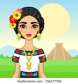 Animation portrait of the young beautiful Mexican girl in ancient clothes.  Background - a mountain landscape, an Indian pyramid. Vector illustration.  Card, poster, place for the text.