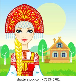 Animation portrait of the young beautiful Russian girl in ancient national clothes. Fairy tale character. Background - a summer landscape, ancient rural wooden house.  Vector illustration. 