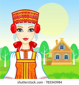 Animation portrait of the young beautiful Russian girl in ancient national clothes. Fairy tale character. Background - a summer landscape, ancient rural wooden house.  Vector illustration. 