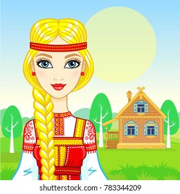 Animation portrait of the young beautiful Russian girl in ancient national clothes. Fairy tale character. Background - a summer landscape, ancient rural wooden house.  Vector illustration. 