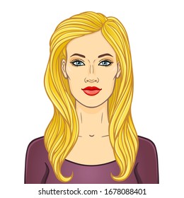 Animation portrait of the young beautiful white woman with long blonde hair. Color drawing. Template for use. Vector illustration isolated on white background.