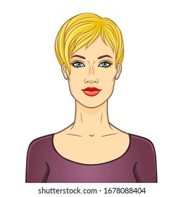 Animation portrait of the young beautiful white woman with blonde hair. Color drawing. Template for use.Vector illustration isolated on white background.