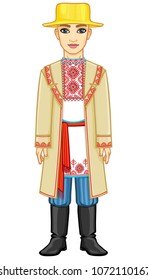 Animation portrait of the young Belarusian boy in traditional clothes. Eastern Europe. Full growth. Vector illustration isolated on a white background.