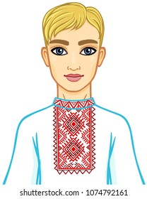 Animation portrait of the young Belarusian boy in traditional clothes. Eastern Europe. Vector illustration isolated on a white background.