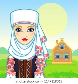 Animation portrait of the young Belarusian girl  in traditional clothes.  Fairy tale character.  A background - a rural landscape, the ancient house. Vector illustration.