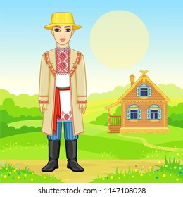 Animation portrait of the young Belarusian man  in traditional clothes.  Fairy tale character. Full growth. A background - a rural landscape, the ancient house. Vector illustration.