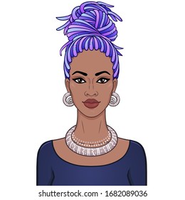 Animation Portrait Of A Young Black Woman With Blue Hair. Template For Use. Vector Illustration Isolated On White Background.