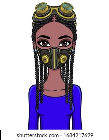 Animation portrait of a young black woman In protective leather mask and steampunk glasses. Template for use. Vector illustration isolated on white background.