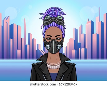 Animation portrait of a young black woman In protective leather mask and steampunk glasses. Background -  modern city. Vector illustration.