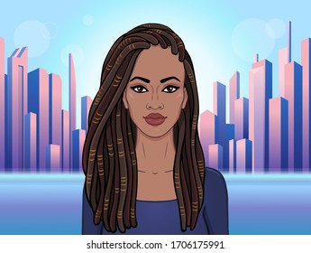 Animation portrait of a young black woman with dreadlocks. Background -  modern city. Vector illustration.