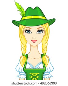 Animation portrait young girl in an ancient Bavarian dress.Vector illustration isolated on a white background.