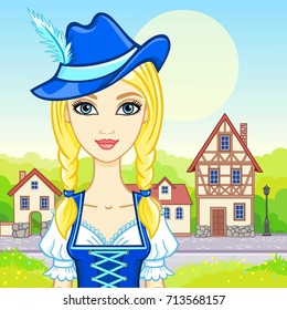 Animation portrait young girl in an ancient Bavarian dress. Background - a colourful landscape, ancient European street,  decorative house. Vector illustration. Invitation, card, poster, print.