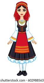 Animation portrait of the young girl in the Greek suit. Full growth. The vector illustration isolated on a white background.
