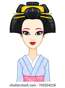 Animation portrait of the young Japanese girl with an ancient hairstyle. Geisha, Maiko, Princess.  Vector illustration isolated on a white background.