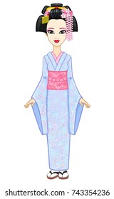 Animation portrait of the young Japanese girl with an ancient hairstyle. Geisha, Maiko, Princess. Full growth. Vector illustration isolated on a white background.