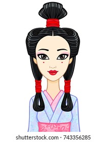 Animation portrait of the young Japanese girl with an ancient hairstyle. Geisha, Maiko, Princess.  Vector illustration isolated on a white background.