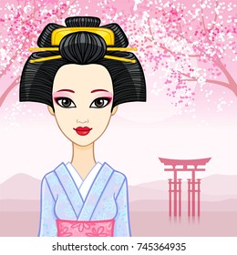 Animation portrait of the young Japanese girl an ancient hairstyle. Geisha, Maiko, Princess. Background - a mountain landscape, the blossoming Oriental cherry, sacred gate. Vector illustration.