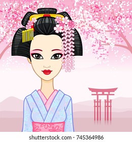 Animation portrait of the young Japanese girl an ancient hairstyle. Geisha, Maiko, Princess. Background - a mountain landscape, the blossoming Oriental cherry, sacred gate. Vector illustration.