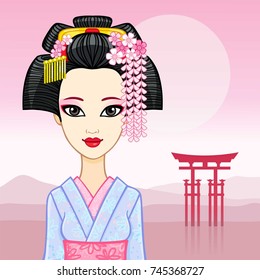 Animation portrait of the young Japanese girl an ancient hairstyle. Geisha, Maiko, Princess. Background - a mountain landscape, sacred gate. Vector illustration. Place for the text.