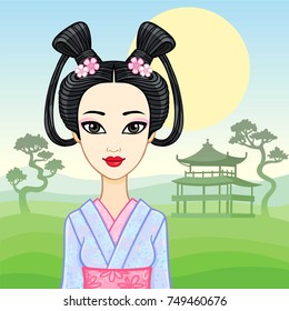 Animation portrait of the young Japanese girl an ancient hairstyle. Geisha, Maiko, Princess. Background - a mountain landscape, silhouette of the old temple. Vector illustration. 