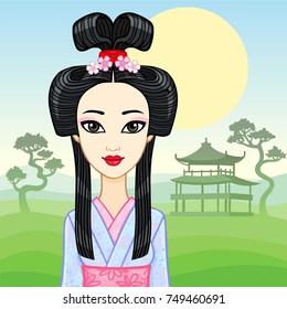 Animation portrait of the young Japanese girl an ancient hairstyle. Geisha, Maiko, Princess. Background - a mountain landscape, silhouette of the old temple. Vector illustration. 
