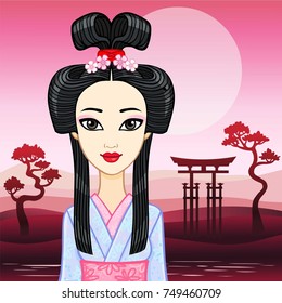 Animation portrait of the young Japanese girl an ancient hairstyle. Geisha, Maiko, Princess. Background - a evening mountain landscape, sacred gate. Vector illustration. Place for the text.