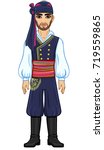 Animation portrait of the young man in ancient Greek suit. Full growth. The vector illustration isolated on a white background.